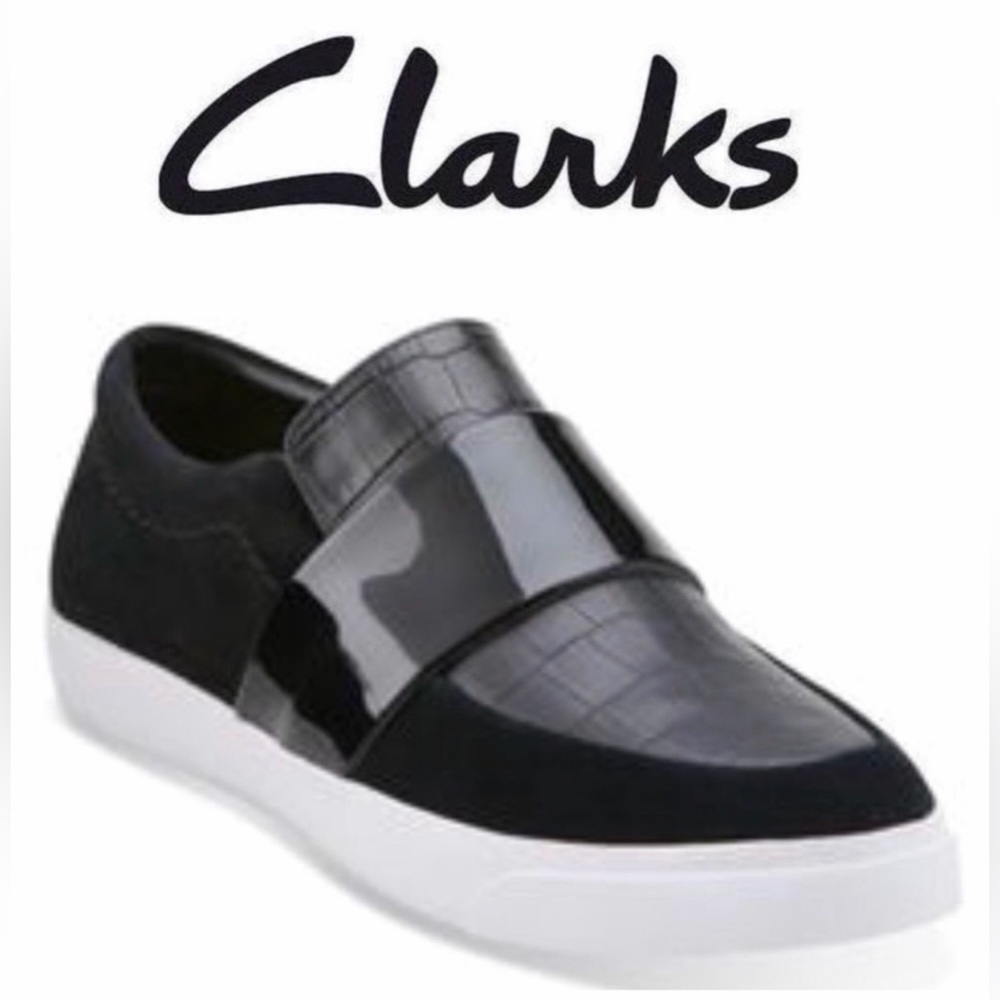 Clarks Somerset Glove Candy slip-on shoe black textured croc leather orthopedic